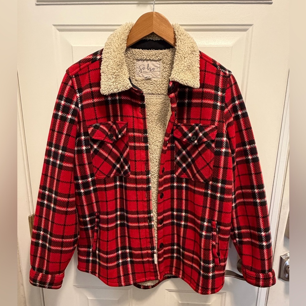 Soho Threads Women’s Red Plaid Sherpa Lined Jacket - Flannel Shacket - Size S
